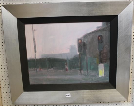 § Reuben Colley (Modern British) oil, City street with figures(-)